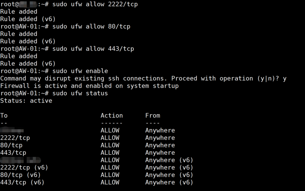 Terminal output showing UFW firewall enabled with custom SSH port and web ports allowed