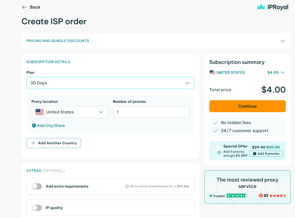 IPRoyal dashboard selecting United States residential proxy for server testing