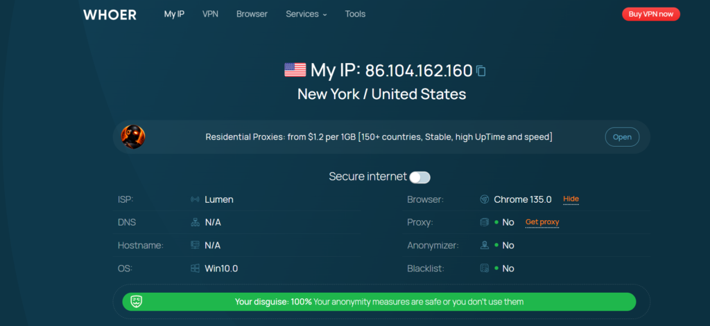 Whoer.net output showing 100% disguise with IPRoyal US residential proxy