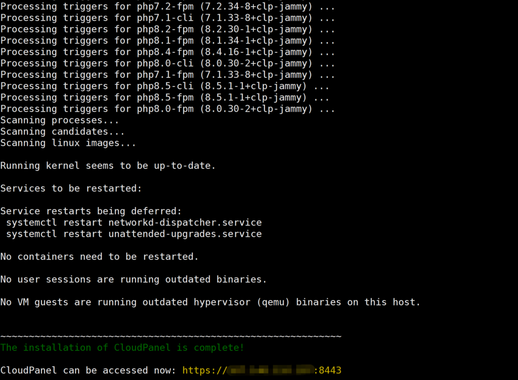 CloudPanel installation success message in terminal with admin URL