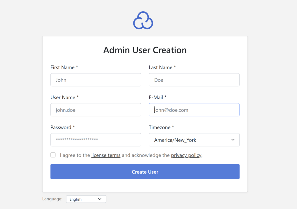 CloudPanel admin user creation screen