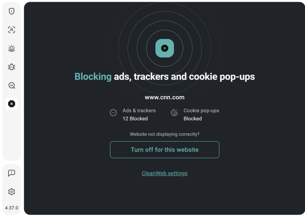 Surfshark CleanWeb blocking 12 ads and trackers on CNN.com