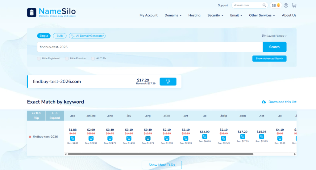 NameSilo domain search results page showing availability