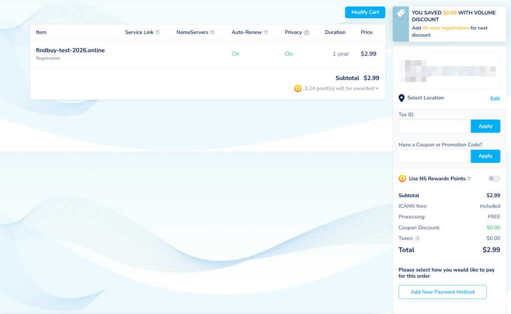 NameSilo checkout configuration showing active privacy and auto-renew