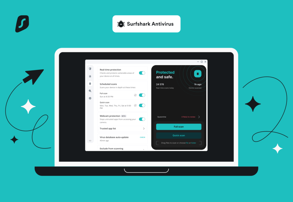 Surfshark Antivirus desktop dashboard showing Webcam Protection and Real-time security enabled