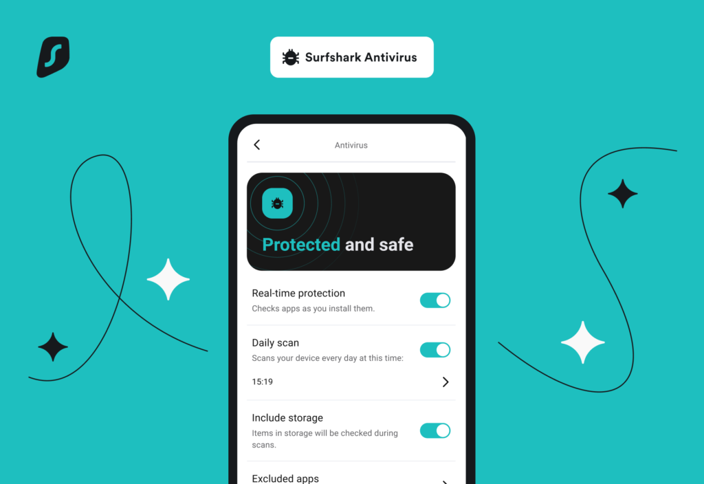 Surfshark Antivirus mobile interface showing real-time protection